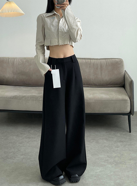 黑色阔腿西装裤女秋冬新款胖妹妹mm梨型身材高腰宽松显瘦休闲裤子