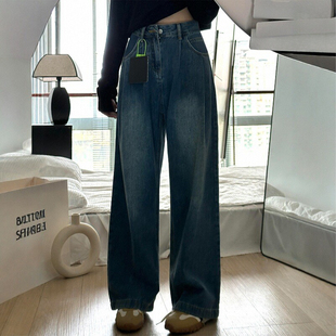 复古蓝阔腿牛仔裤 女秋季 新款 胖妹妹mm梨型身材高腰宽松显瘦直筒裤