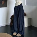 深蓝色冰丝阔腿牛仔裤 女夏季 薄款 胖妹妹mm高腰宽松显瘦天丝直筒裤