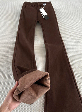 加绒加厚咖色微喇牛仔裤女秋冬新款胖妹妹mm高腰弹力显瘦马蹄裤子