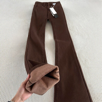 加绒加厚咖色微喇牛仔裤女秋冬新款胖妹妹mm高腰弹力显瘦马蹄裤子