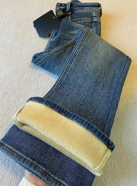 加绒加厚蓝色微喇牛仔裤女冬季新款胖妹妹mm高腰弹力显瘦喇叭裤子