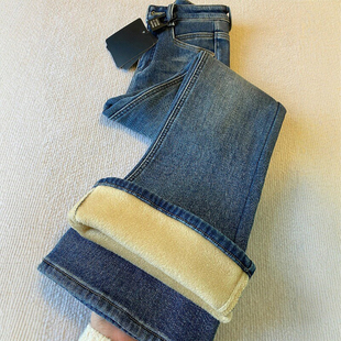 胖妹妹mm高腰弹力显瘦喇叭裤 新款 子 女冬季 加绒加厚蓝色微喇牛仔裤