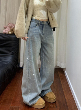 美式高街烫钻牛仔裤女冬季加绒胖妹妹mm高腰宽松显瘦直筒阔腿长裤