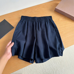 藏青色天丝亚麻短裤 女夏季 薄款 胖妹妹mm高腰宽松显瘦休闲阔腿短裤