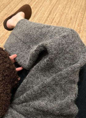 炭灰色加厚毛呢阔腿裤女秋冬新款胖妹妹mm高腰宽松显瘦直筒休闲裤