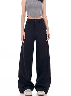 黑色西装裤女秋冬加绒胖妹妹mm设计感高腰宽松显瘦休闲阔腿裤子潮