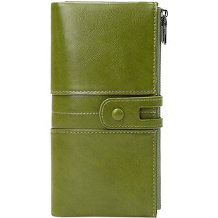 米印RFID防盗刷女士钱包复古油蜡皮双拉链长款钱夹简约时尚手拿包