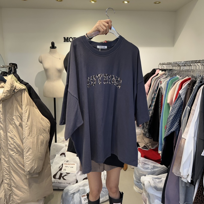 豹纹字母宽松短袖潮款大T恤