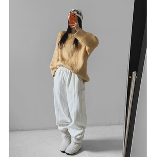 女装 通勤纯色宽松松紧腰加绒休闲长裤 LAG2025冬季 时尚 款 韩国正品