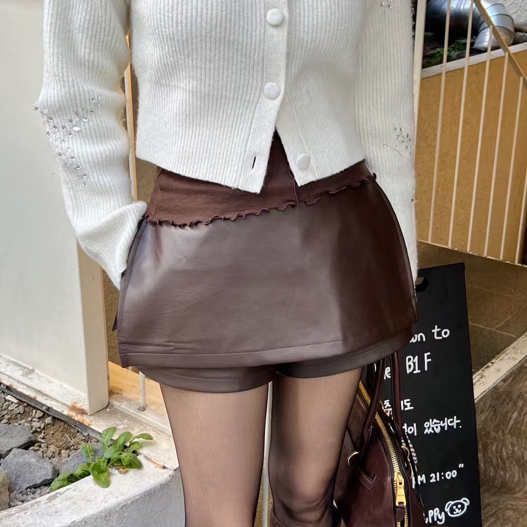 韩国代购女装2025冬款高腰时尚后拉链侧开衩潮款显瘦PU裙式短裤