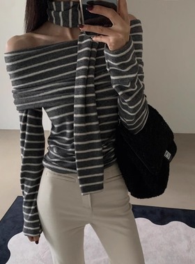 韩国代购女装2025冬款VERANDA一字领露肩围巾款条纹加绒长袖T恤