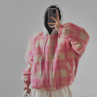 格子加厚拼接拼色连帽长袖 韩国正品 新款 LAG2025冬季 中长外套 女装