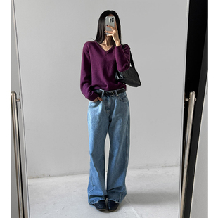 女装 通勤直筒高腰水洗磨白牛仔长裤 LAG2025冬季 时尚 新款 韩国正品