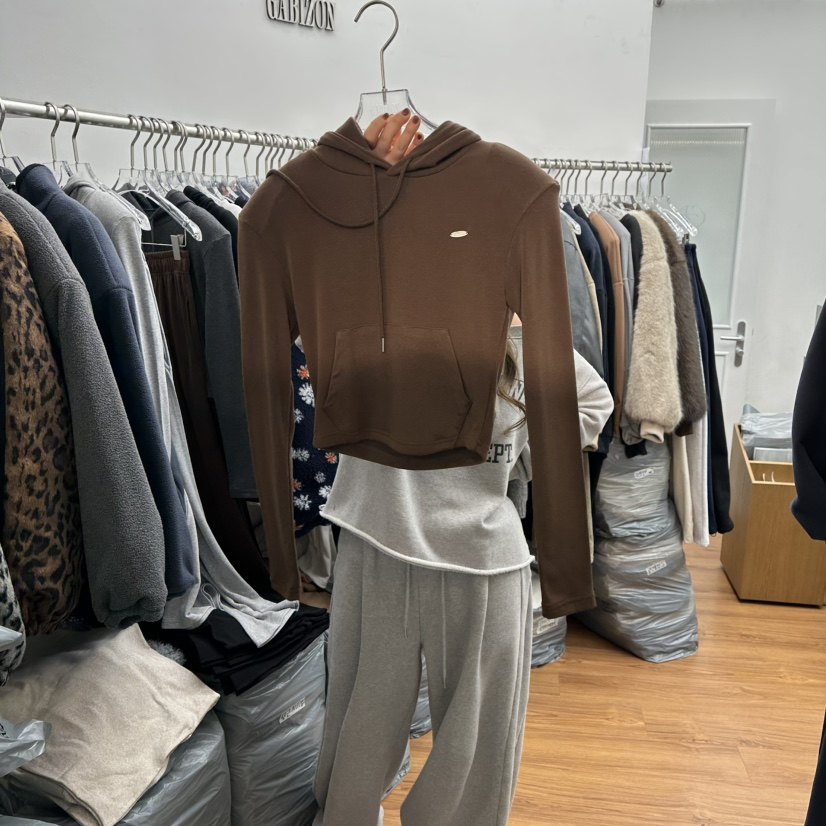 韩国正品女装2025冬季新款时尚通勤修身加绒纯色长袖连帽短款卫衣