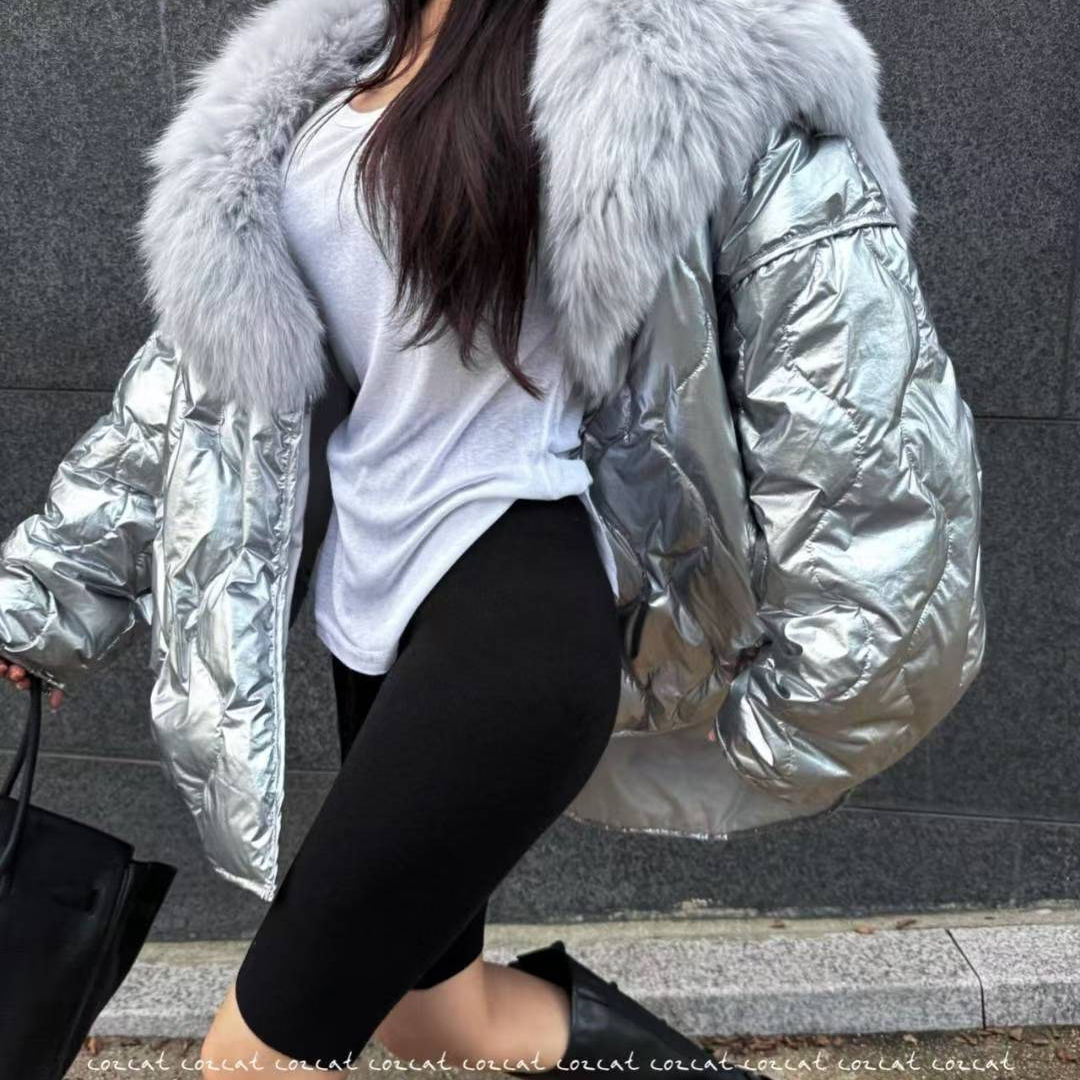 狐狸毛领宽松衍缝开衩羽绒服外套