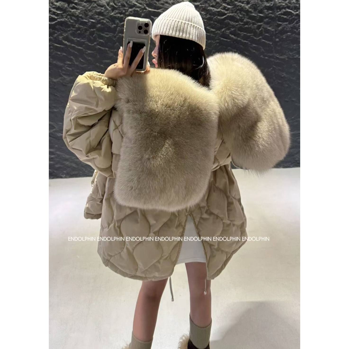 韩国代购女装2025冬款ENDOLPHIN狐狸披肩毛领衍缝宽松羽绒服外套