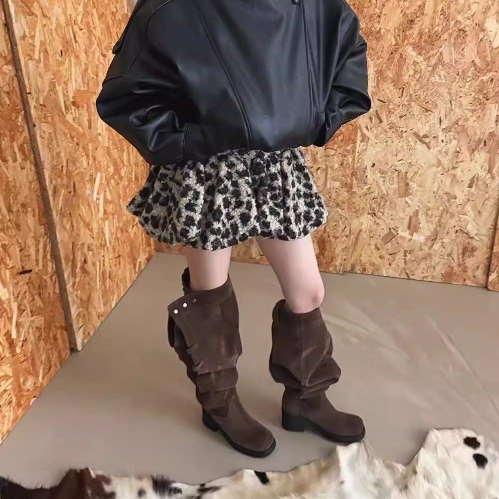 韩国代购女装2025冬款高腰时尚毛绒豹纹蓬蓬下摆气质半身短裙
