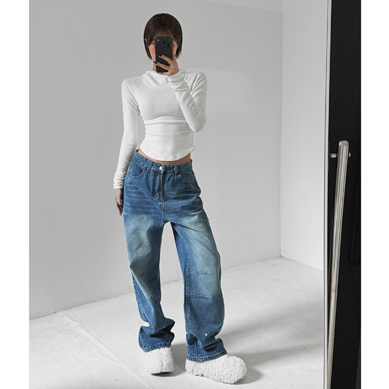 韩国正品女装LAG2025冬季新款时尚水洗磨白拼色拼接高腰牛仔长裤,女装/女士精品,牛仔裤,淘宝优惠券,粉丝福利购,淘宝优惠卷