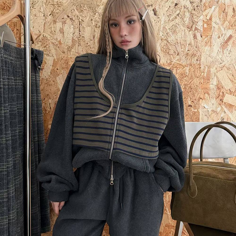 立领宽松条纹加绒外套休闲裤套装