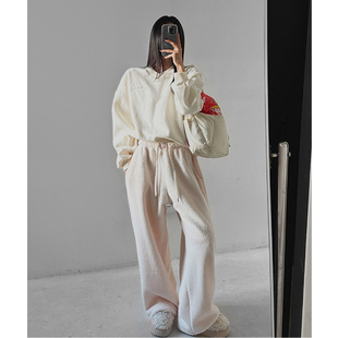 女装 通勤宽松纯色毛绒松紧腰抽绳长裤 LAG2025冬季 时尚 款 韩国正品