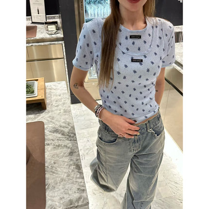 韩国代购女装2026早春ZERO ZERO碎花甜美假两件花边短袖气质T恤