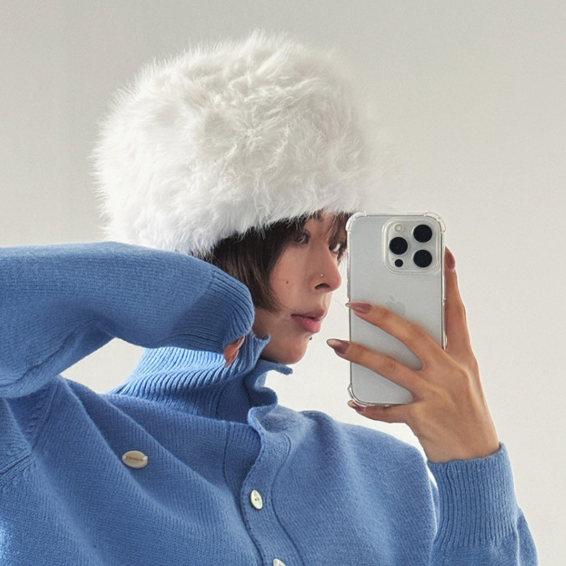 韩国正品女装LAG2025冬季款时尚甜美纯色毛毛平顶休闲帽子毛绒帽