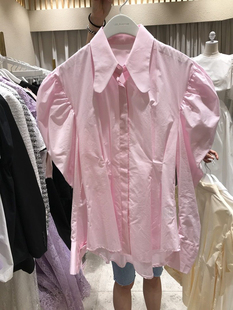 韩国实拍东大门2020春季 显瘦单排扣气质衬衫 女装 修身 女 花苞袖 现