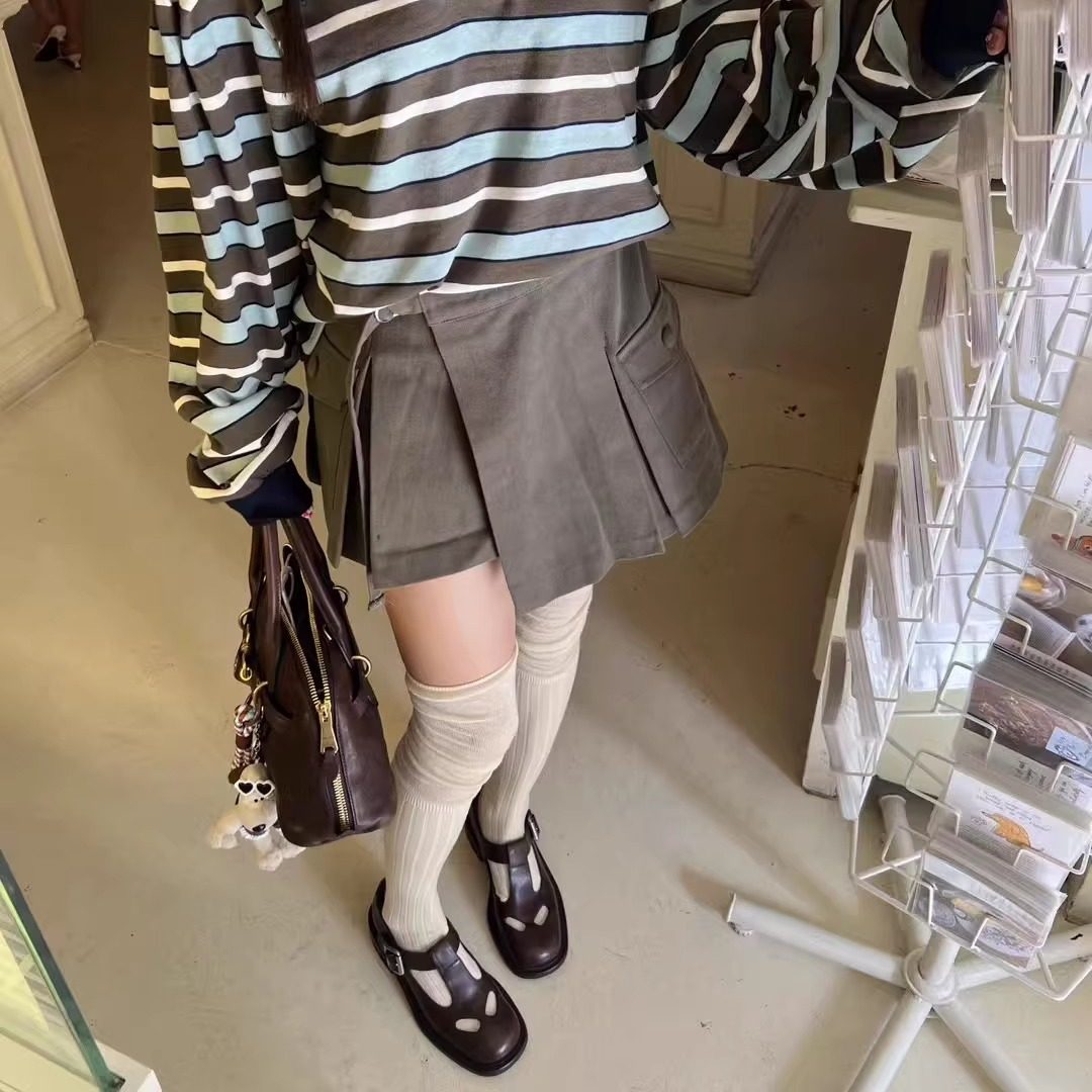 韩国代购女装2025秋款高腰甜美气质层叠工装口袋捏褶半身短裙裤