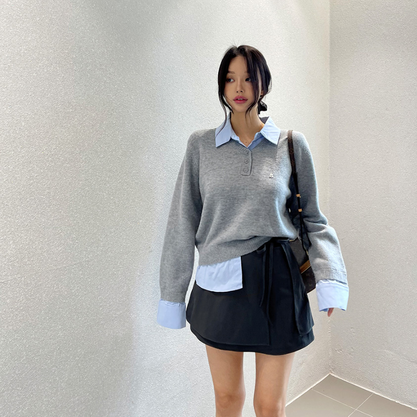 假两件拼接翻领衬衫式针织衫上衣