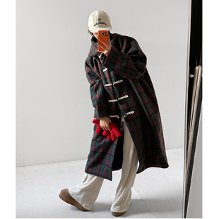 格子单排扣连帽长袖 韩国正品 新款 LAG2025冬季 毛呢长大衣外套 女装