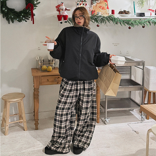 女装 通勤宽松格子松紧腰抽绳休闲长裤 LAG2025冬季 时尚 款 韩国正品