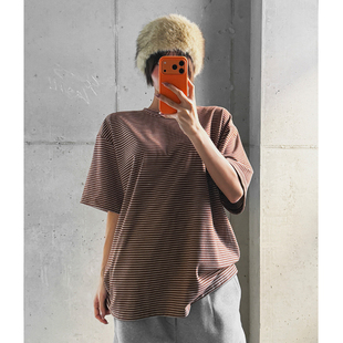 女装 通勤条纹拼色直筒短袖 LAG2025冬季 时尚 圆领休闲T恤 款 韩国正品