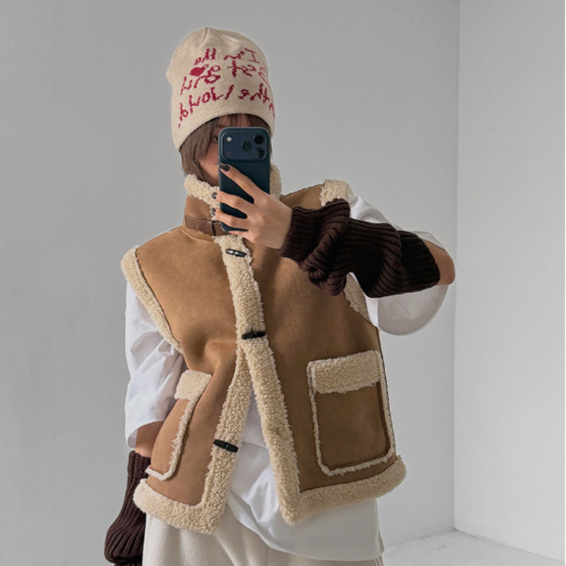 韩国正品女装LAG2025冬季新款时尚直筒毛毛里拼接单排扣高领马甲,女装/女士精品,马夹,淘宝优惠券,粉丝福利购,淘宝优惠卷