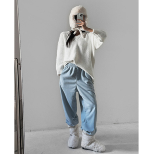 女装 通勤纯色宽松松紧腰毛绒休闲长裤 LAG2025冬季 时尚 款 韩国正品