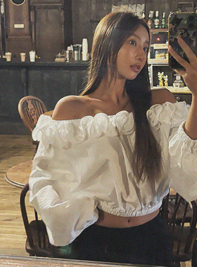 韩国正品女装LAG2025秋季新款时尚气质纯色一字领花边休闲短衬衫