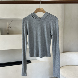 2025冬款 女装 SOLAR时尚 柔软修身 短T恤 现 显瘦连帽长袖 韩国代购