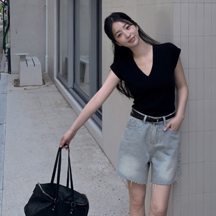 女装 新款 韩国正品 M2025夏季 时尚 通勤纯色百搭V领休闲短套头针织衫