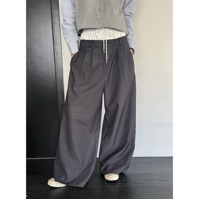 高腰拼接条纹宽松阔腿潮流休闲裤