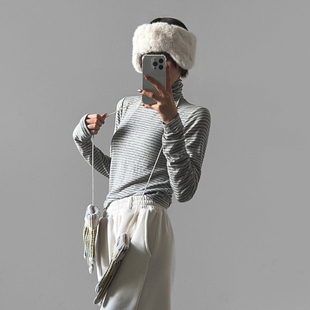 新款 LAG2025冬季 时尚 通勤修身 短T恤 韩国正品 条纹拼色高领长袖 女装