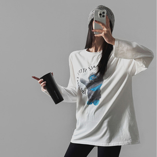 女装 圆领中长款 LAG2025冬季 直筒卡通字母印花长袖 T恤 新款 韩国正品