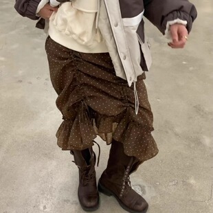 韩国代购女装2025冬款BERTHA波点纹优雅显瘦抽绳气质半身中长裙