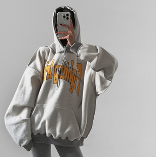 宽松字母图案连帽加绒长袖 韩国正品 新款 LAG2025冬季 中长卫衣 女装