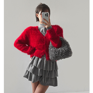 新款 时尚 纯色单排扣V领长袖 韩国正品 针织开衫 LAG2025冬季 短款 女装