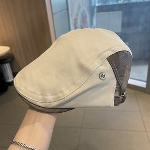 复古前进帽女春秋百搭显脸小贝雷帽子老钱风新款皮质拼接鸭舌帽男