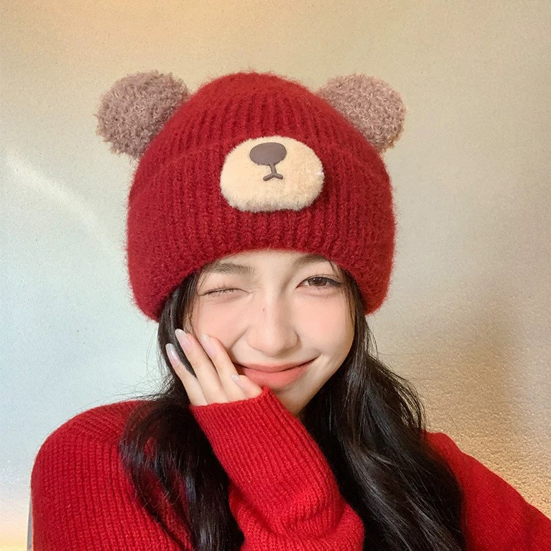 可爱小熊毛线帽女冬季加绒加厚