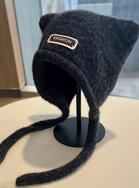 可爱耳朵毛线帽子女秋冬保暖护耳针织帽卷边大头围防风防寒包头帽