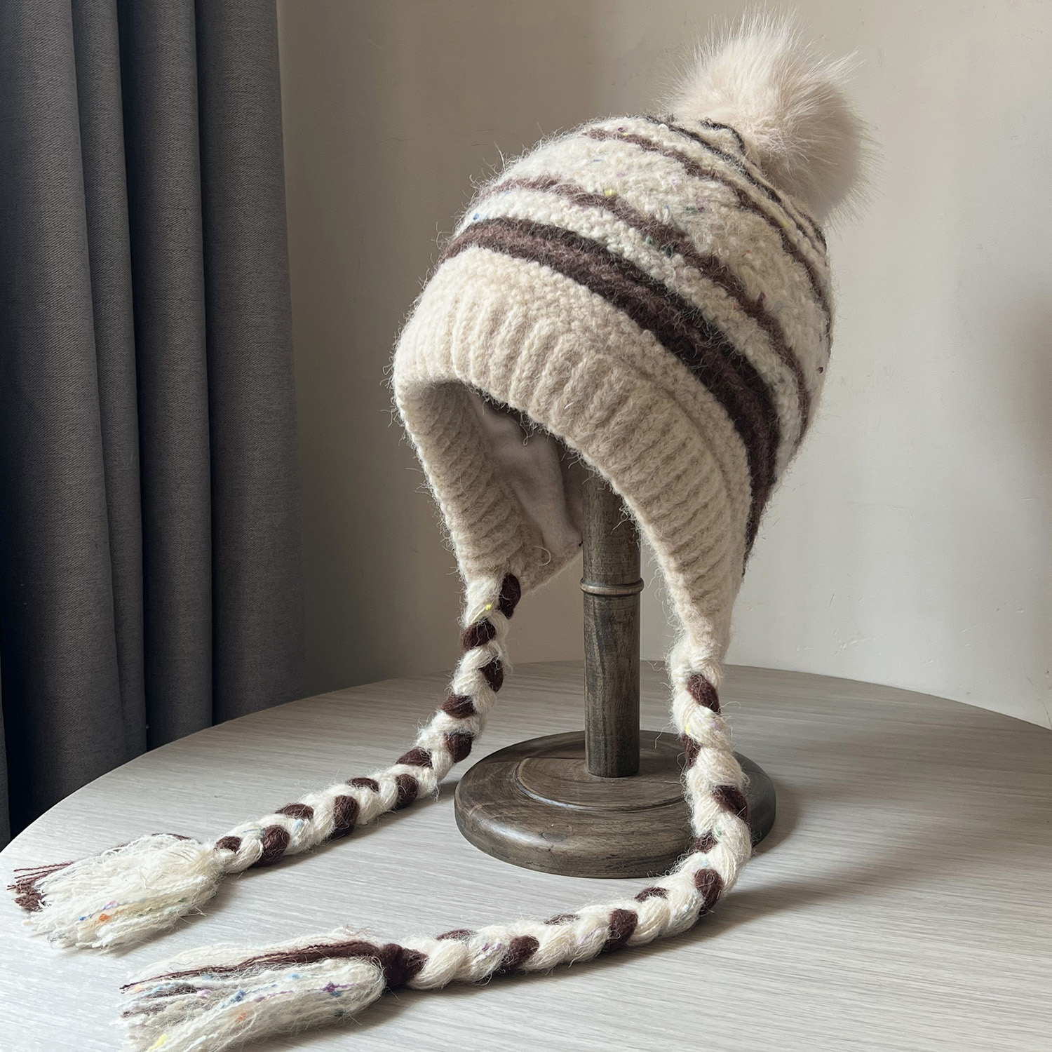 毛球加绒针织帽女秋冬季保暖防寒护耳帽费尔岛风流苏毛线包头帽子