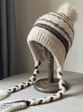 毛球加绒针织帽女秋冬季保暖防寒护耳帽费尔岛风流苏毛线包头帽子