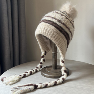 毛球加绒针织帽女秋冬季保暖防寒护耳帽费尔岛风流苏毛线包头帽子